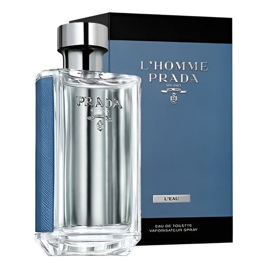 Caja azul y botella de Prada L'Homme Azul 100ml EDT