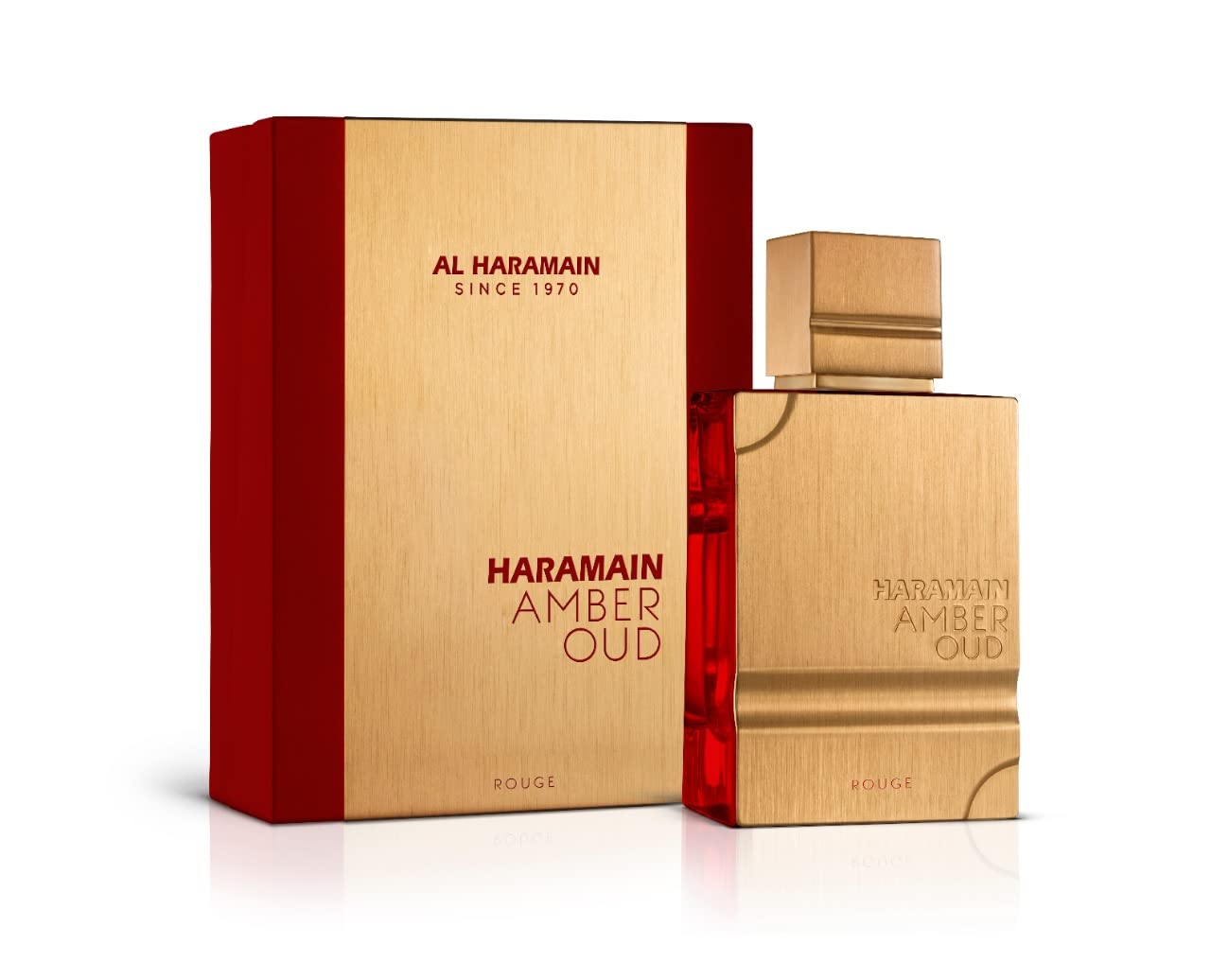 Caja y botella de Al Haramain Amber Oud Rouge Unisex 60ml EDP