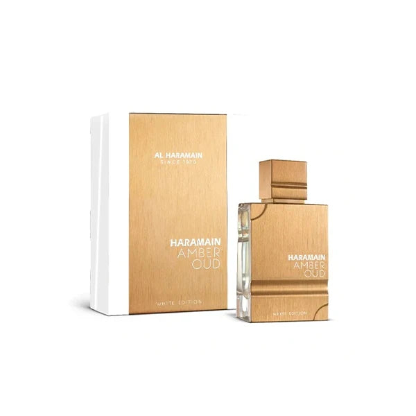 Caja y botella de Amber Oud White Edition Unisex 100ml EDP Al Haramain