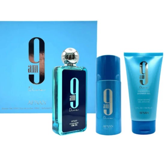 ESTUCHE AFNAN 9 AM DIVINE UNISEX 3PZS 100ML EDP + GEL DE BAÑO + DESODORANTE