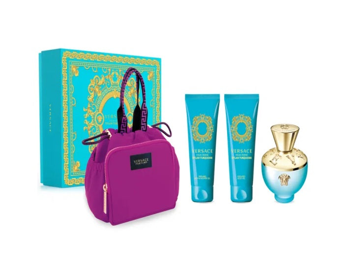 ESTUCHE VERSACE DYLAN TURQUOISE MUJER 4PZS 90ML EDP + GEL DE BAÑO + CREMA + COSMETIQUERA