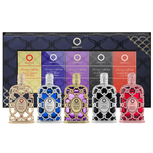 ESTUCHE ORIENTICA MINIS 5 ROYAL AMBER -- ROYAL BLEU -- VELVET GOLD -- OUD SAFFRON -- AMBER ROUGE