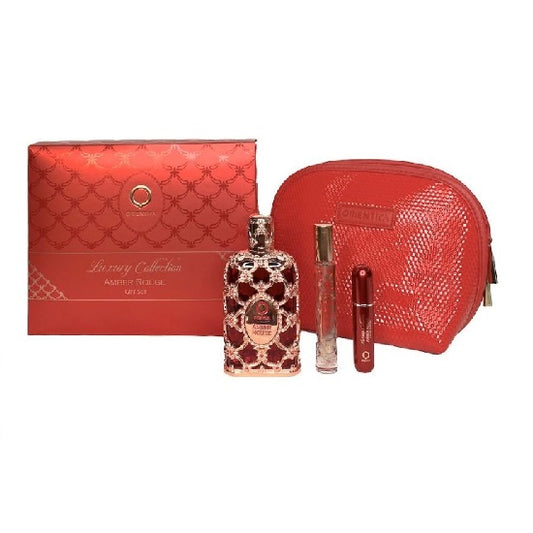 ESTUCHE ORIENTICA ORIENTICA AMBER ROUGE UNISEX 4PZS 80ML EDP + 10ML EDP + ATOMIZADOR + COSMETIQUERA