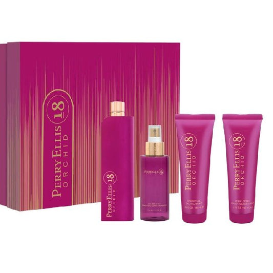 ESTUCHE PERRY ELLIS 18 ORQUID MUJER 4PZS 100ML EDT + SPLASH + CREMA + GEL DE BA;O