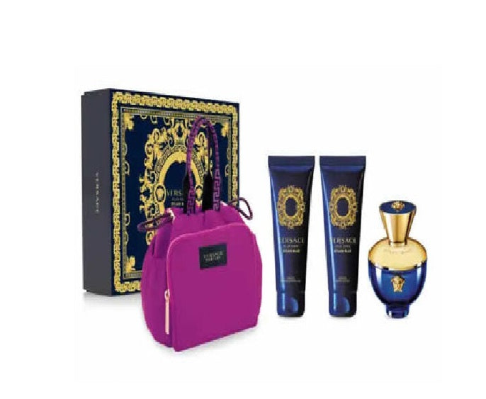 ESTUCHE VERSACE DYLAN BLUE MUJER 4PZS 90ML EDP + GEL DE BAÑO + CREMA + COSMETIQUERA