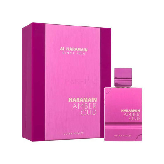 Caja y botella de Amber Oud Ultra Violet Unisex 60ml EDP Al Haramain